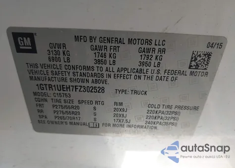 2015 GMC Sierra 1500 Sle from USA, damaged, VIN 1GTR1UEH7FZ302528